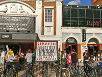 Union leaders from Unison protest outside of Ritzy Cinema for better pay in Brixton London United Kingdom on July 21st 2017.  (