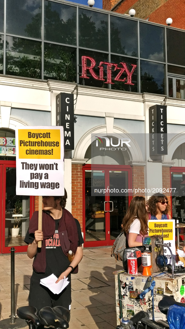 Union leaders from Unison protest outside of Ritzy Cinema for better pay in Brixton London United Kingdom on July 21st 2017.  