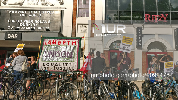 Union leaders from Unison protest outside of Ritzy Cinema for better pay in Brixton London United Kingdom on July 21st 2017.  