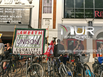 Union leaders from Unison protest outside of Ritzy Cinema for better pay in Brixton London United Kingdom on July 21st 2017.  (