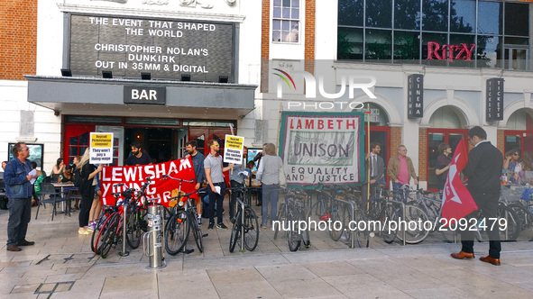 Union leaders from Unison protest outside of Ritzy Cinema for better pay in Brixton London United Kingdom on July 21st 2017.  