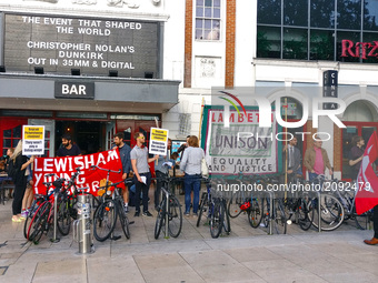 Union leaders from Unison protest outside of Ritzy Cinema for better pay in Brixton London United Kingdom on July 21st 2017.  (