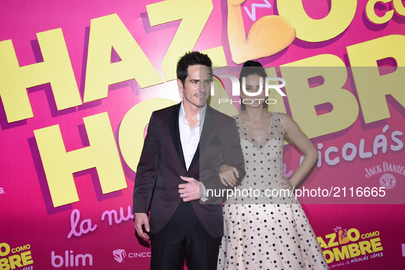 Actress Aislinn Derbez and actor Mauricio Ochmann are seen during the pink carpet to promote the latest film 'Hazlo Como Hombre' at Cinepoli...