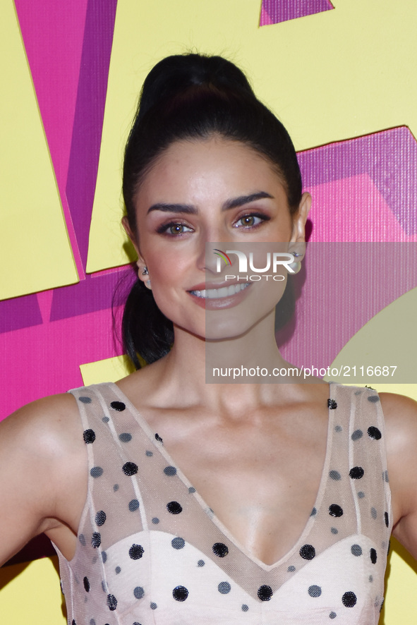 Actress Aislinn Derbez is seen during the pink carpet to promote the latest film 'Hazlo Como Hombre' at Cinepolis Plaza Oasis Coyoacan on Au...