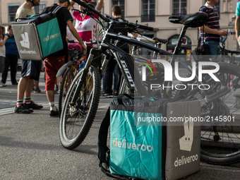 Demonstration of delivery driver of the Deliveroo company to request a better remuneration from the company to the biker in Lyon on August 2...