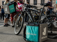 Demonstration of delivery driver of the Deliveroo company to request a better remuneration from the company to the biker in Lyon on August 2...