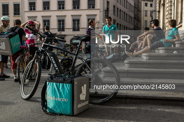 Demonstration of delivery driver of the Deliveroo company to request a better remuneration from the company to the biker in Lyon on August 2...