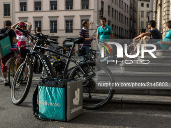 Demonstration of delivery driver of the Deliveroo company to request a better remuneration from the company to the biker in Lyon on August 2...