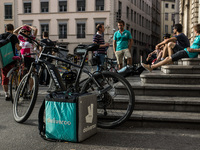 Demonstration of delivery driver of the Deliveroo company to request a better remuneration from the company to the biker in Lyon on August 2...