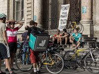 Demonstration of delivery driver of the Deliveroo company to request a better remuneration from the company to the biker in Lyon on August 2...