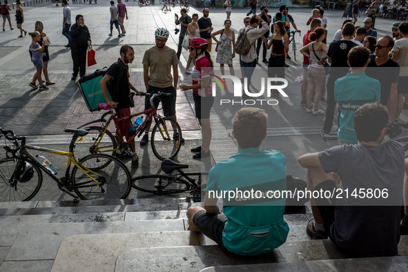 Demonstration of delivery driver of the Deliveroo company to request a better remuneration from the company to the biker in Lyon on August 2...