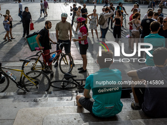 Demonstration of delivery driver of the Deliveroo company to request a better remuneration from the company to the biker in Lyon on August 2...