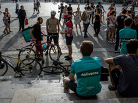 Demonstration of delivery driver of the Deliveroo company to request a better remuneration from the company to the biker in Lyon on August 2...