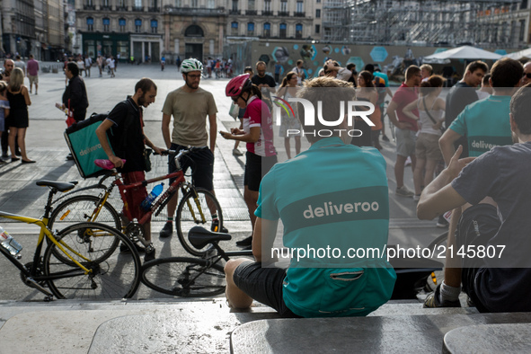 Demonstration of delivery driver of the Deliveroo company to request a better remuneration from the company to the biker in Lyon on August 2...