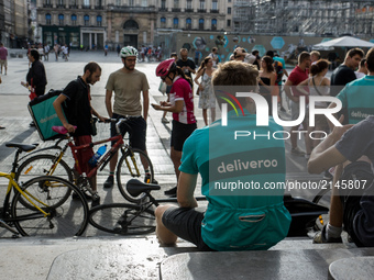 Demonstration of delivery driver of the Deliveroo company to request a better remuneration from the company to the biker in Lyon on August 2...