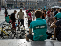 Demonstration of delivery driver of the Deliveroo company to request a better remuneration from the company to the biker in Lyon on August 2...