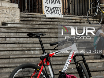 Demonstration of delivery driver of the Deliveroo company to request a better remuneration from the company to the biker in Lyon on August 2...