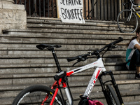 Demonstration of delivery driver of the Deliveroo company to request a better remuneration from the company to the biker in Lyon on August 2...