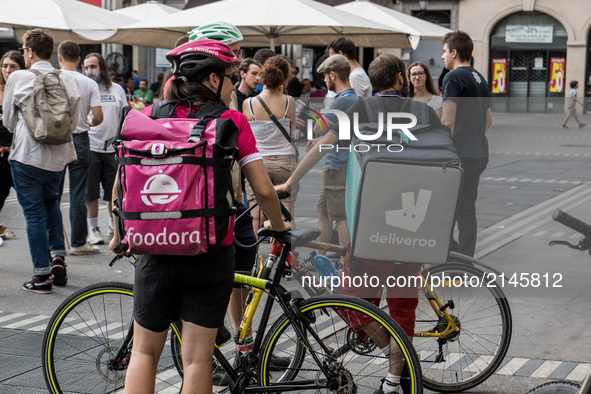 Demonstration of delivery driver of the Deliveroo company to request a better remuneration from the company to the biker in Lyon on August 2...