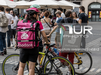 Demonstration of delivery driver of the Deliveroo company to request a better remuneration from the company to the biker in Lyon on August 2...