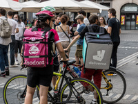 Demonstration of delivery driver of the Deliveroo company to request a better remuneration from the company to the biker in Lyon on August 2...