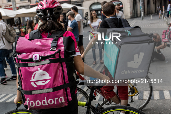 Demonstration of delivery driver of the Deliveroo company to request a better remuneration from the company to the biker in Lyon on August 2...