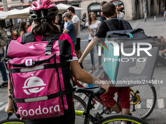 Demonstration of delivery driver of the Deliveroo company to request a better remuneration from the company to the biker in Lyon on August 2...