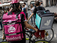 Demonstration of delivery driver of the Deliveroo company to request a better remuneration from the company to the biker in Lyon on August 2...