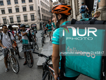 Demonstration of delivery driver of the Deliveroo company to request a better remuneration from the company to the biker in Lyon on August 2...