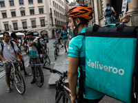 Demonstration of delivery driver of the Deliveroo company to request a better remuneration from the company to the biker in Lyon on August 2...