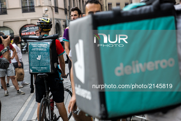 Demonstration of delivery driver of the Deliveroo company to request a better remuneration from the company to the biker in Lyon on August 2...