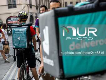 Demonstration of delivery driver of the Deliveroo company to request a better remuneration from the company to the biker in Lyon on August 2...