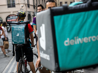 Demonstration of delivery driver of the Deliveroo company to request a better remuneration from the company to the biker in Lyon on August 2...