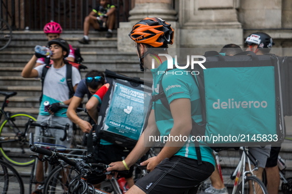 Demonstration of delivery driver of the Deliveroo company to request a better remuneration from the company to the biker in Lyon on August 2...