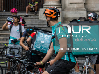 Demonstration of delivery driver of the Deliveroo company to request a better remuneration from the company to the biker in Lyon on August 2...