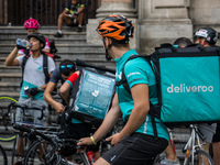 Demonstration of delivery driver of the Deliveroo company to request a better remuneration from the company to the biker in Lyon on August 2...