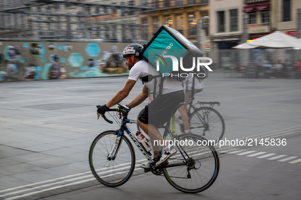 Demonstration of delivery driver of the Deliveroo company to request a better remuneration from the company to the biker in Lyon on August 2...