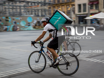 Demonstration of delivery driver of the Deliveroo company to request a better remuneration from the company to the biker in Lyon on August 2...