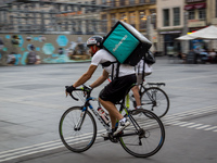 Demonstration of delivery driver of the Deliveroo company to request a better remuneration from the company to the biker in Lyon on August 2...