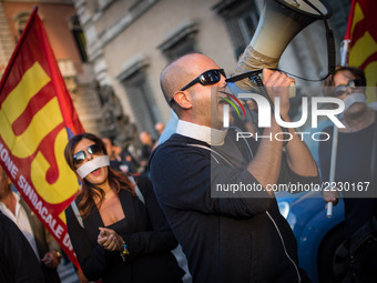 Demonstration of the basic Union (USB) in Piazza del Campidoglio, is in solidarity with the workers of Corpa Srl, who occupied the scaffoldi...