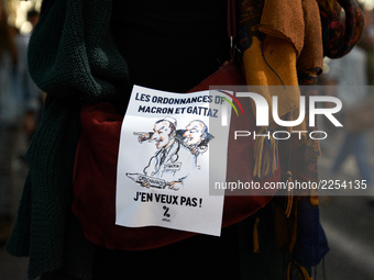 The sticker reads 'Ordonnaces of Macron and Gattaz, I don't want !!'. More than 15000 protesters took to the streets of Toulouse against the...