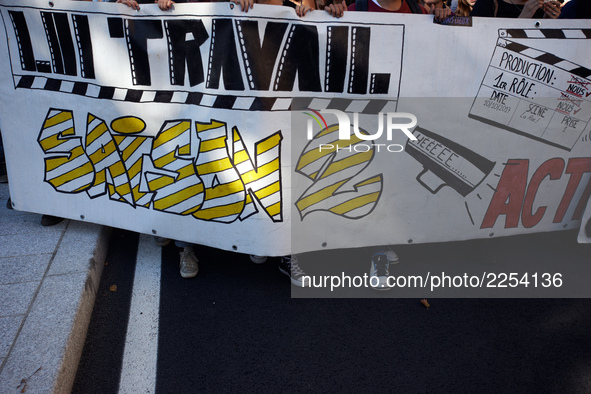 The banner reads 'Work law : season 2'. More than 15000 protesters took to the streets of Toulouse against the new Macron's reforms on the W...