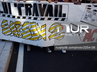 The banner reads 'Work law : season 2'. More than 15000 protesters took to the streets of Toulouse against the new Macron's reforms on the W...