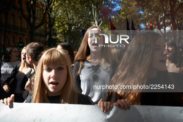 A student shout slogans. More than 15000 protesters took to the streets of Toulouse against the new Macron's reforms on the Work Code. It's...