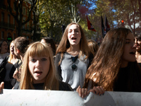 A student shout slogans. More than 15000 protesters took to the streets of Toulouse against the new Macron's reforms on the Work Code. It's...