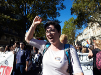 A student shout slogans. More than 15000 protesters took to the streets of Toulouse against the new Macron's reforms on the Work Code. It's...