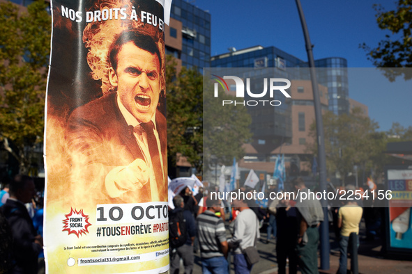 A poster depicting French President Emmanuel Macon. More than 15000 protesters took to the streets of Toulouse against the new Macron's refo...