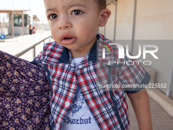 A Palestinian boy waiting to cross back into the Gaza Strip despite the ongoing fighting. (