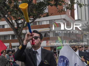 Pilots of ACDAC (Colombian Association of Civil Aviators) protesting the 22-day strike in Bogota, Colombia on 12 October 2017. (