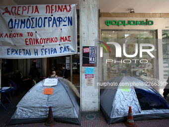 Journalists on hunger strike in Athens, Greece, October 16, 2017. Four women are on hunger strike for the 6th day demanding the survival of...